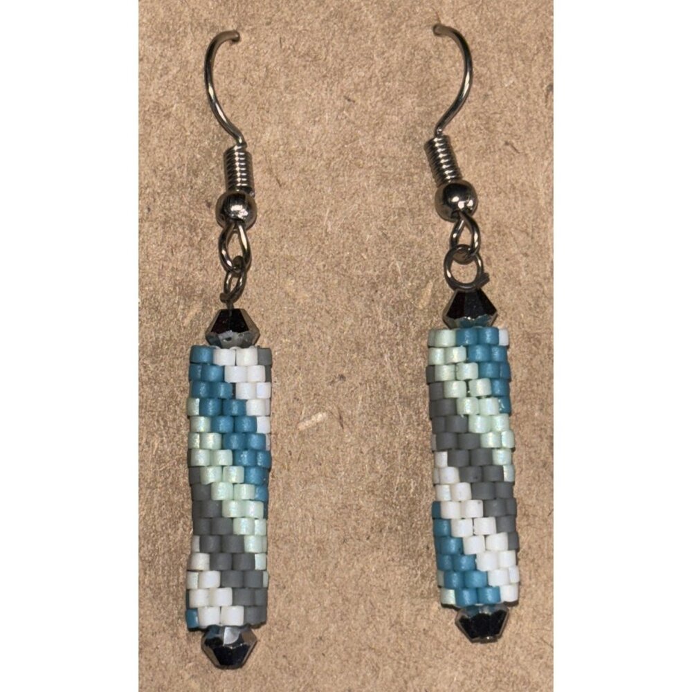 Handmade Beaded Cylinder Dangle Earrings Teal White Gray Silver Tone Hooks